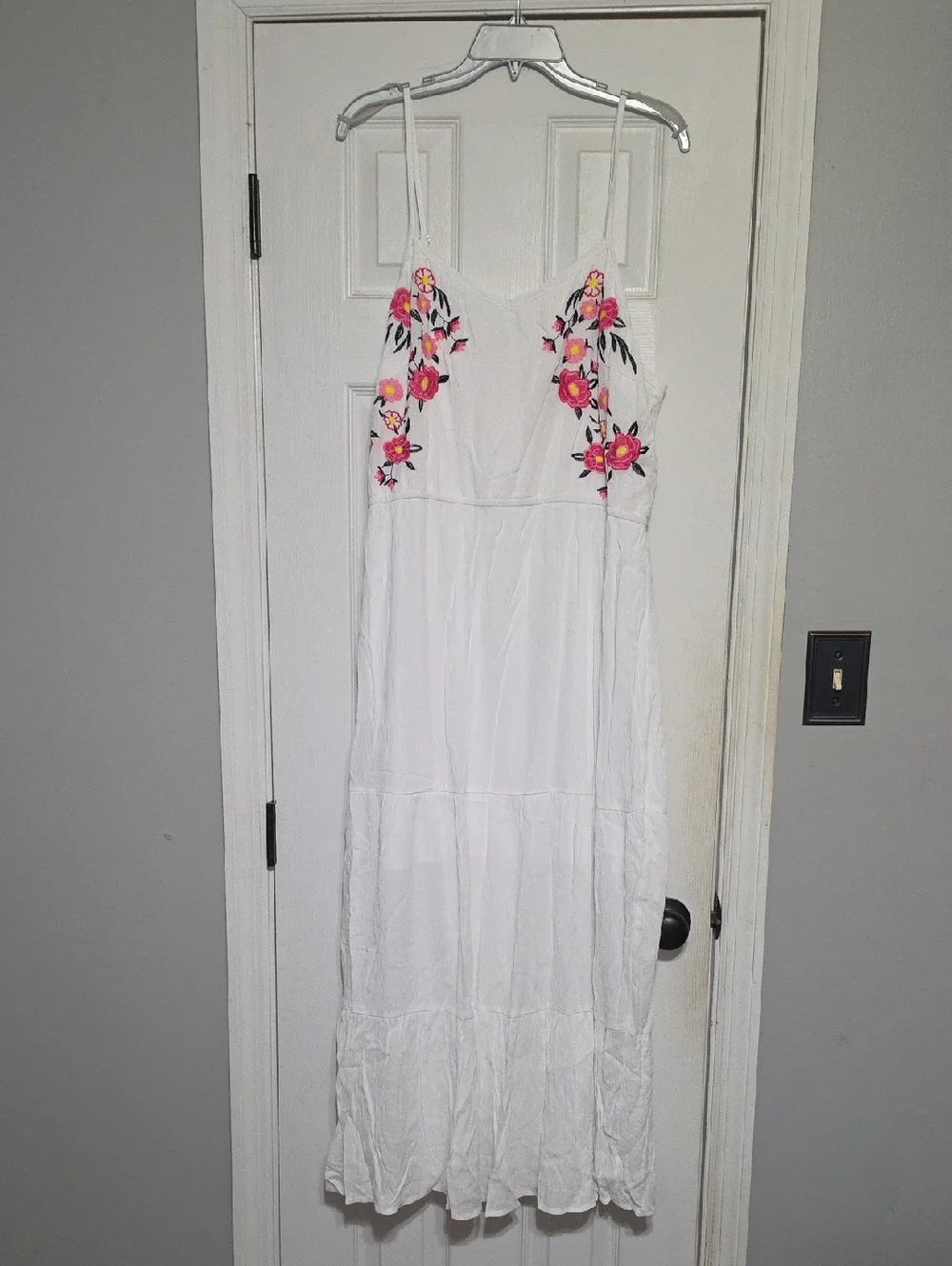 White Maxi Dress with Pink Floral Embroidery